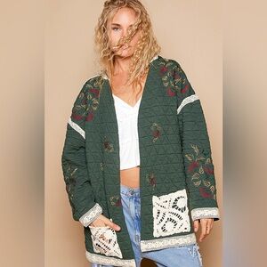 POL Green Quilted Jacket with Floral Embroidery